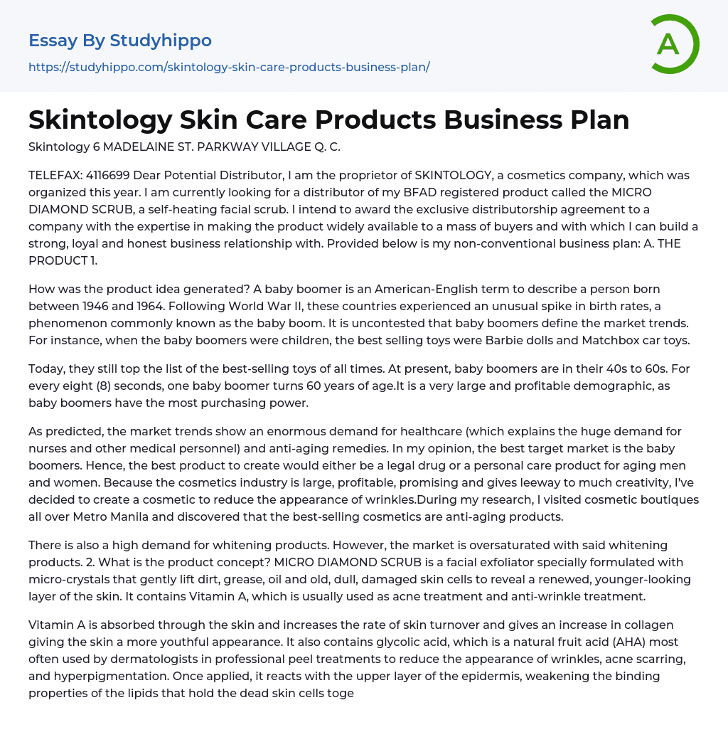 Skintology Skin Care Products Business Plan Essay Example