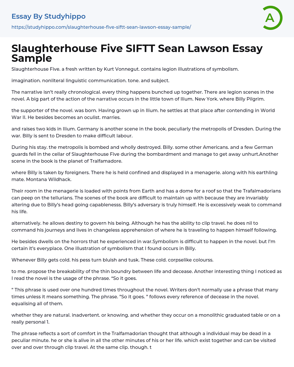 Slaughterhouse Five SIFTT Sean Lawson Essay Sample