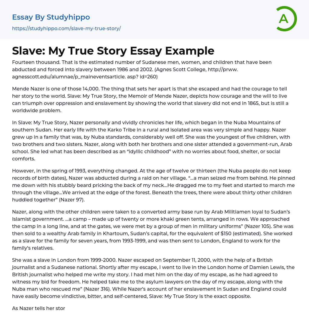 Slave: My True Story Essay Example