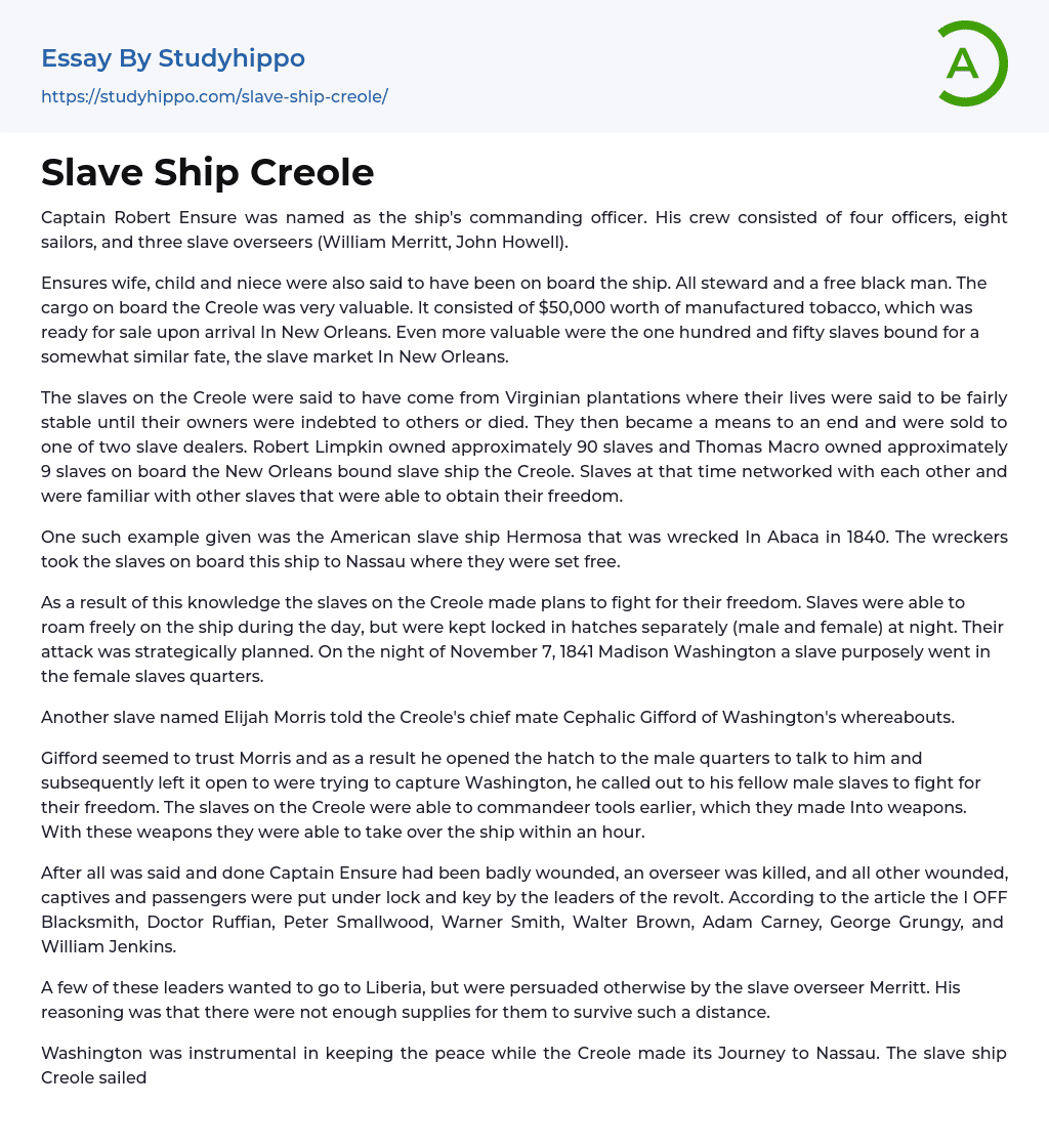 Slave Ship Creole Essay Example