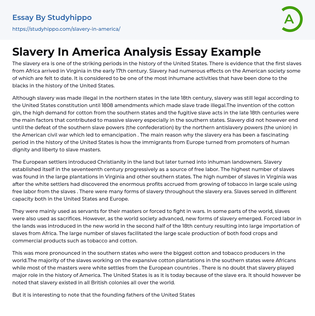 Slavery In America Analysis Essay Example