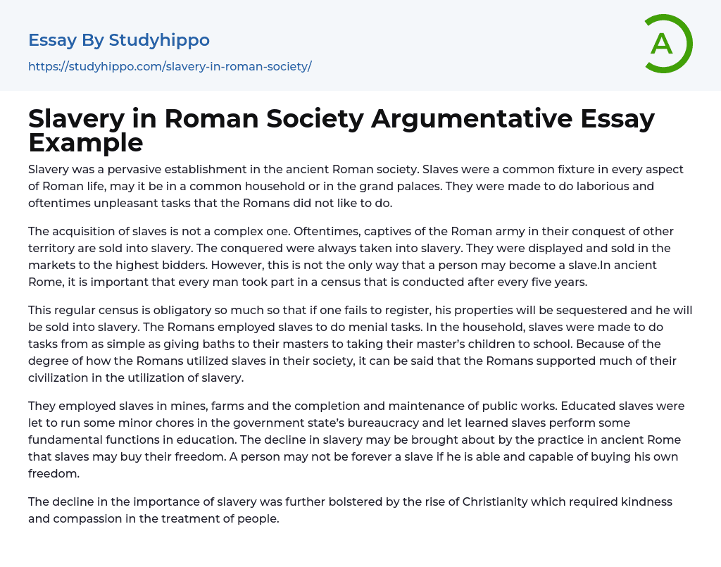 Slavery in Roman Society Argumentative Essay Example