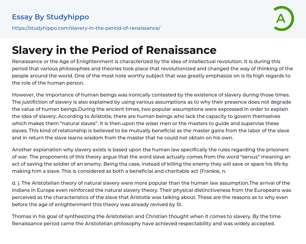 Slavery in the Period of Renaissance Essay Example