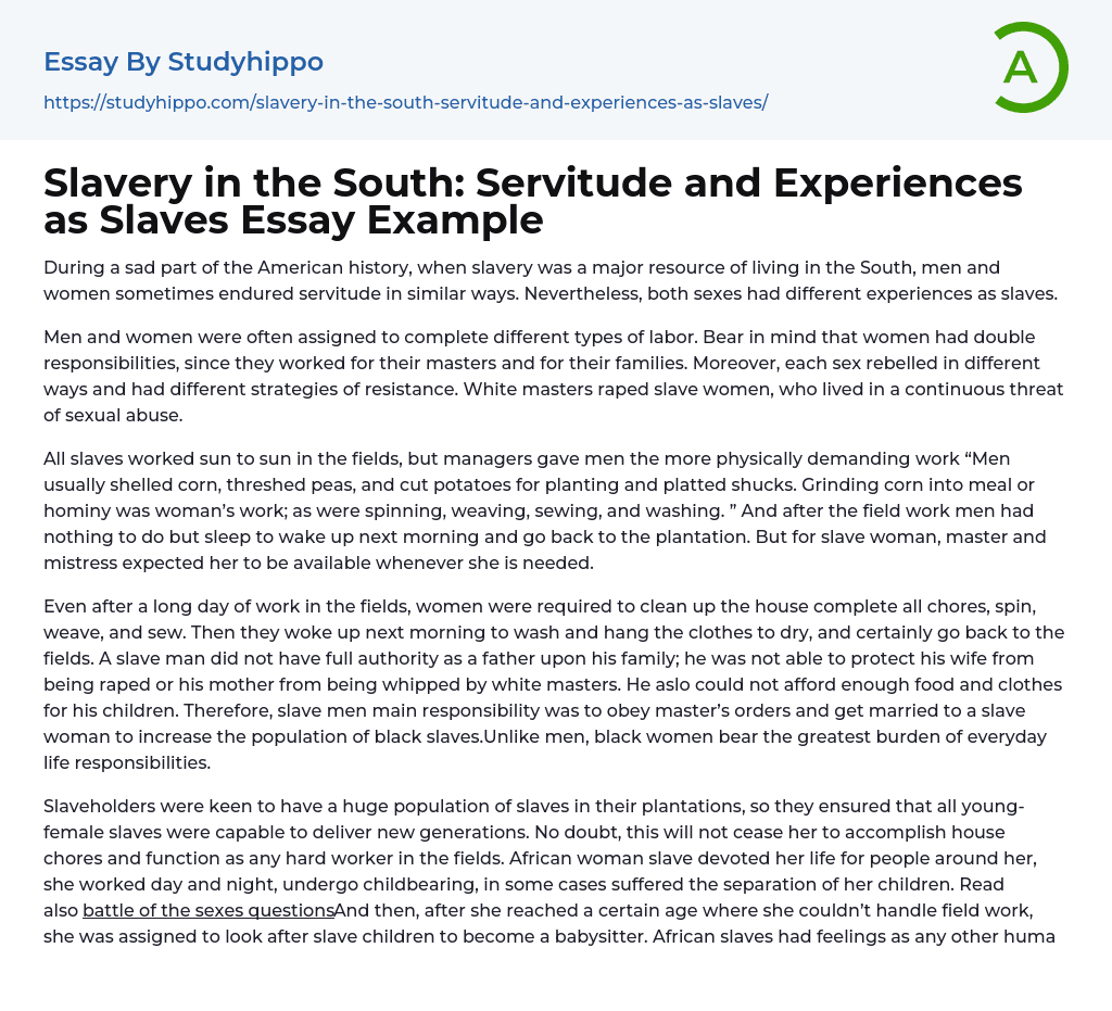 Slavery in the South: Servitude and Experiences as Slaves Essay Example