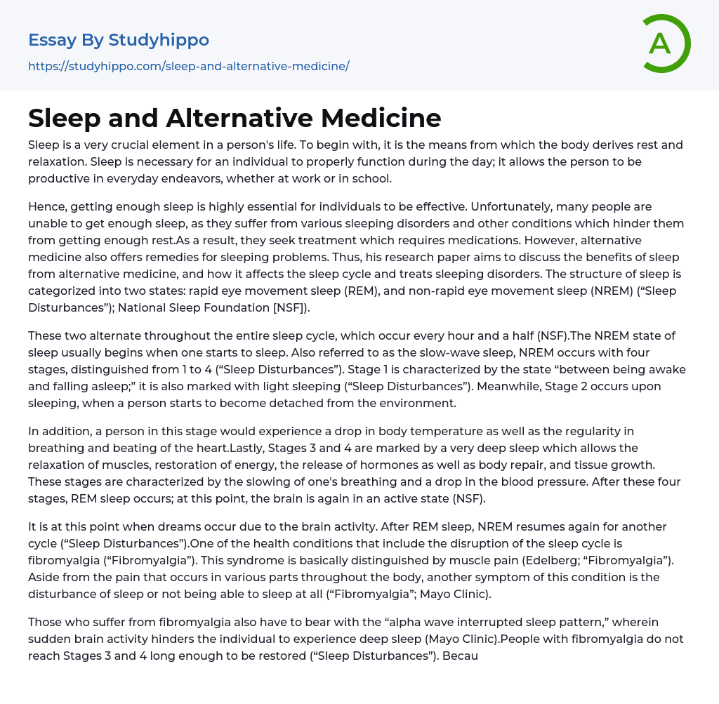 Sleep and Alternative Medicine Essay Example