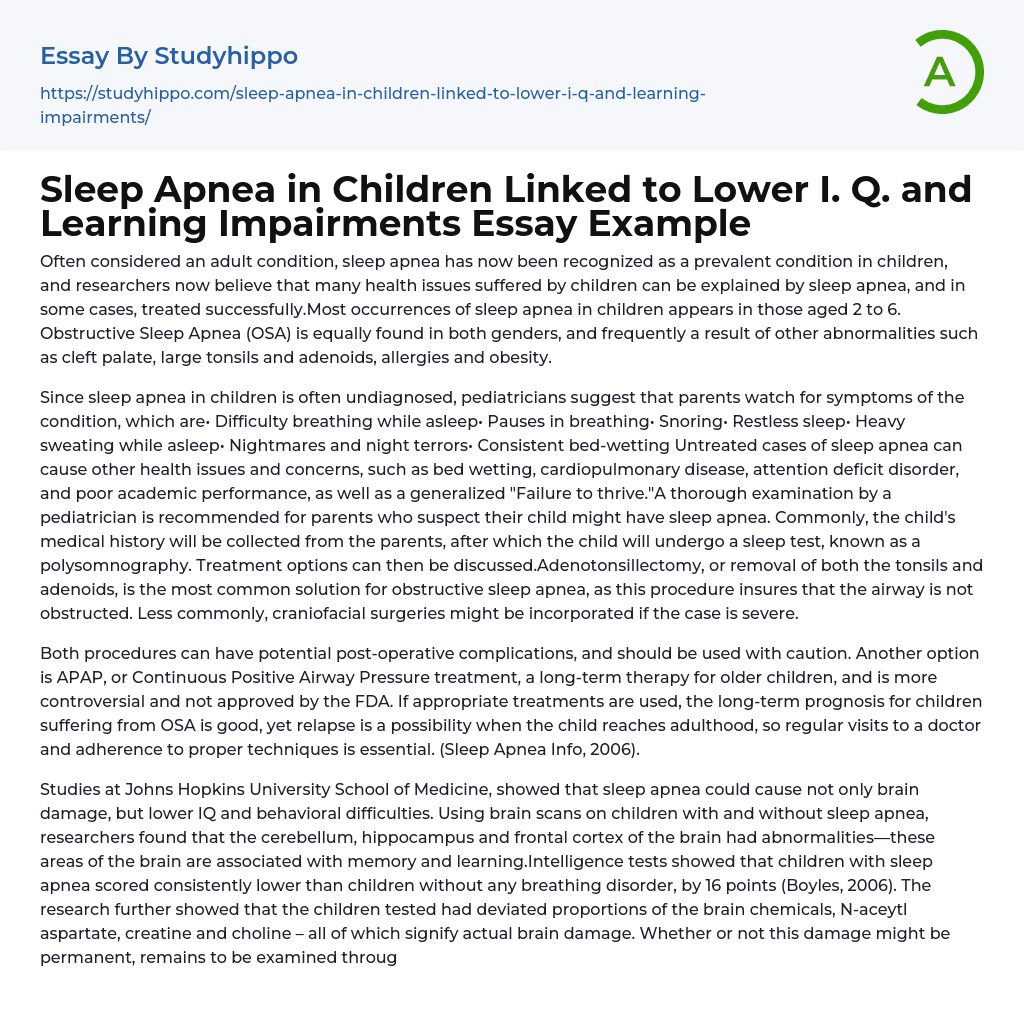 Sleep Apnea in Children Linked to Lower I. Q. and Learning Impairments Essay Example