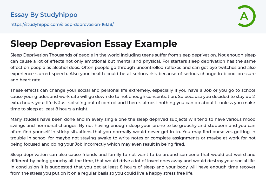 Sleep Deprevasion Essay Example
