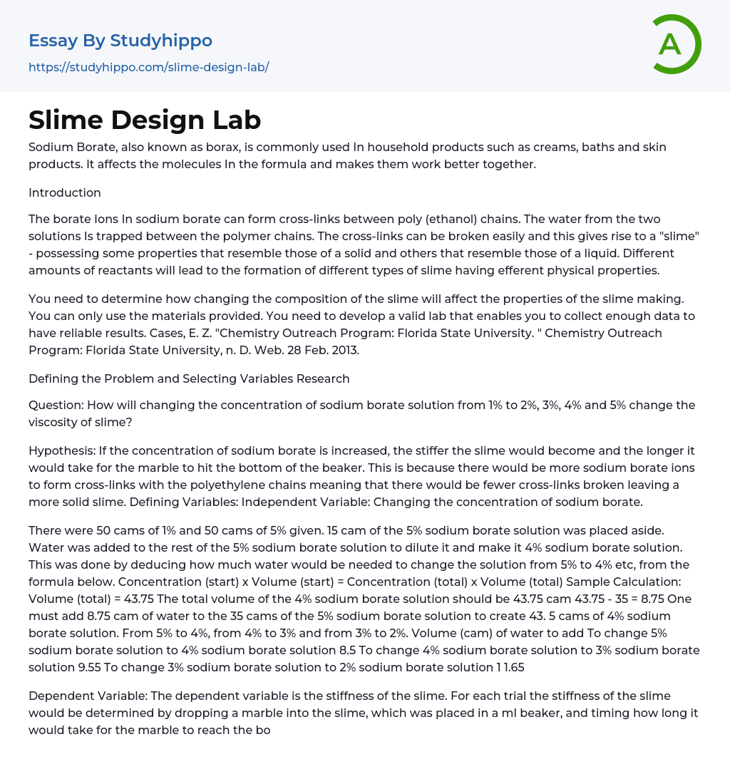 Slime Design Lab Essay Example