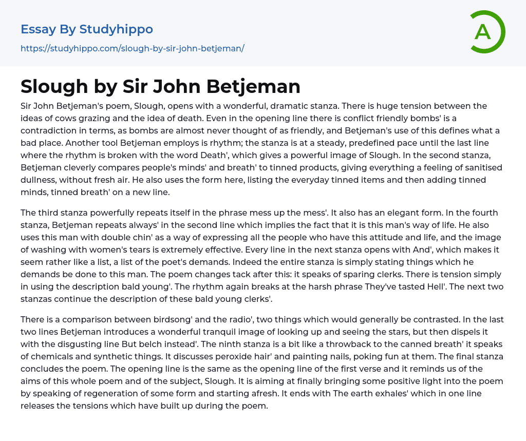 Slough by Sir John Betjeman Essay Example