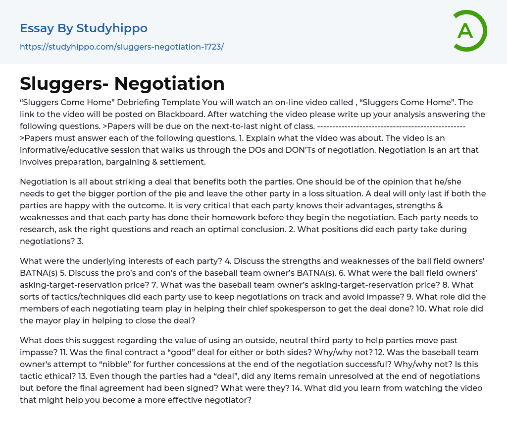 Sluggers- Negotiation Essay Example