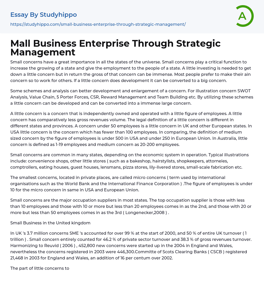 Mall Business Enterprise Through Strategic Management Essay Example