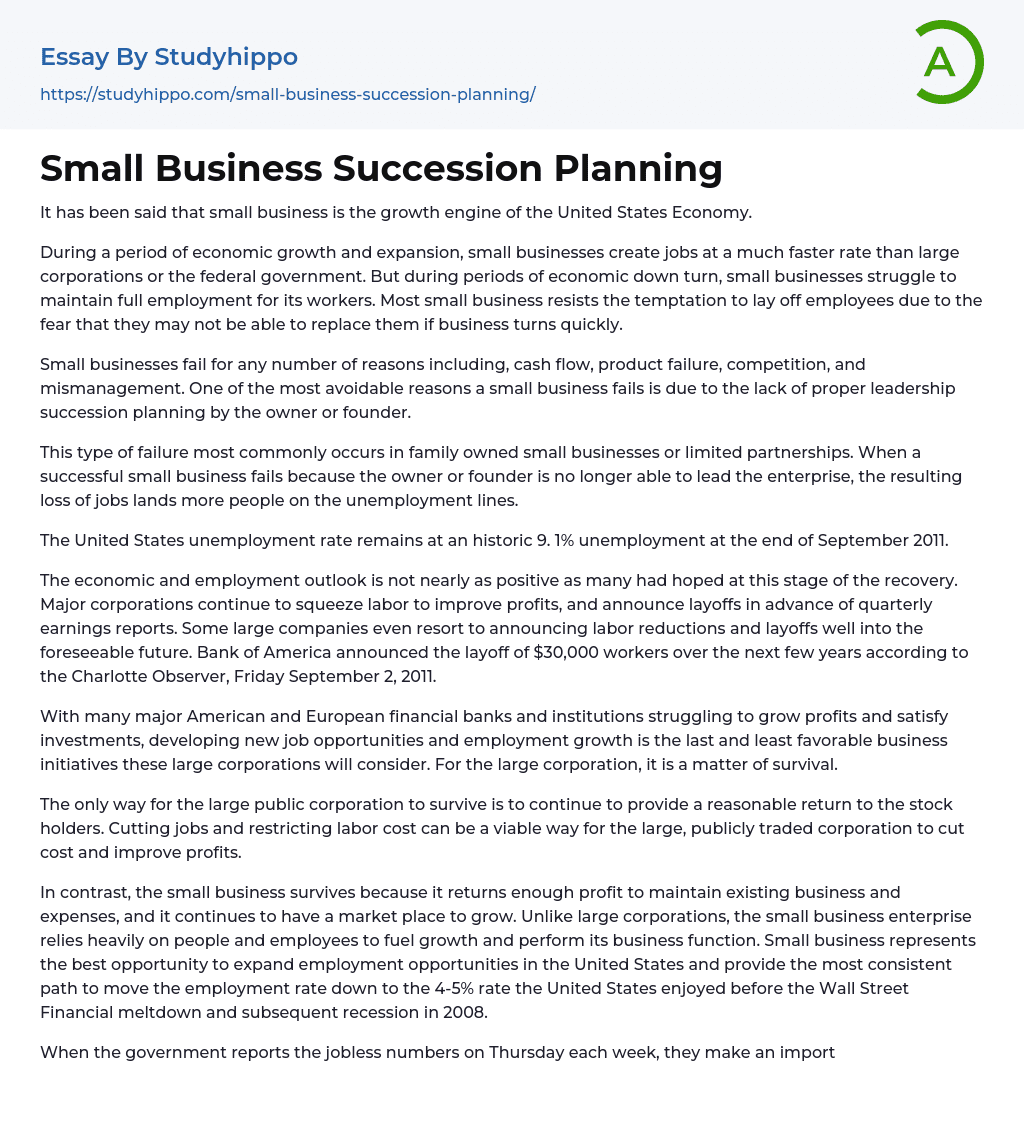 Small Business Succession Planning Essay Example