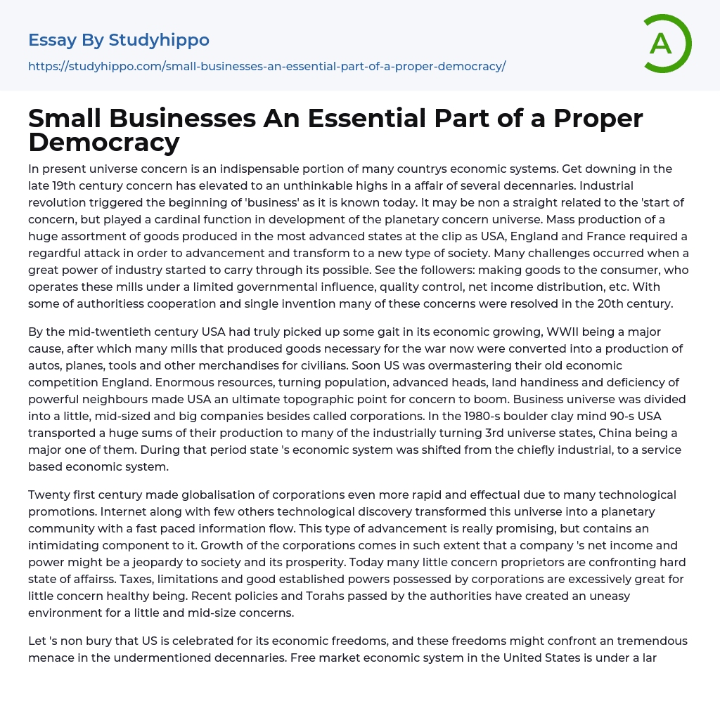 Small Businesses An Essential Part of a Proper Democracy Essay Example