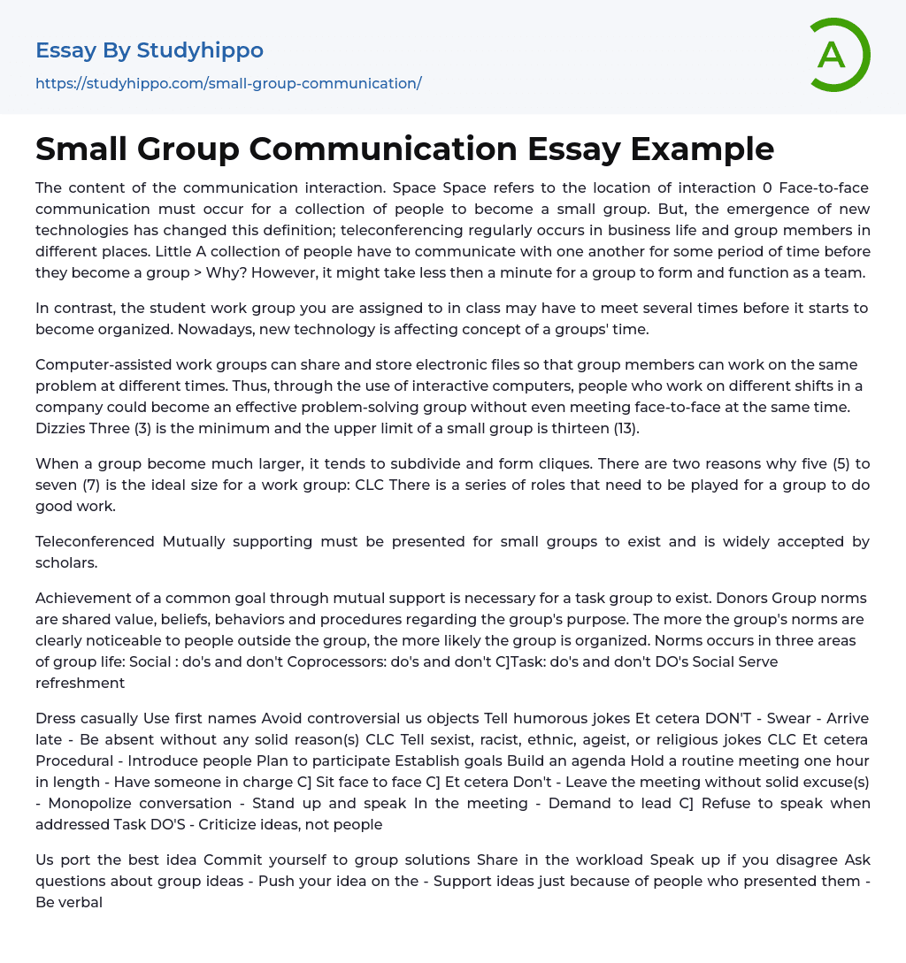 Small Group Communication Essay Example