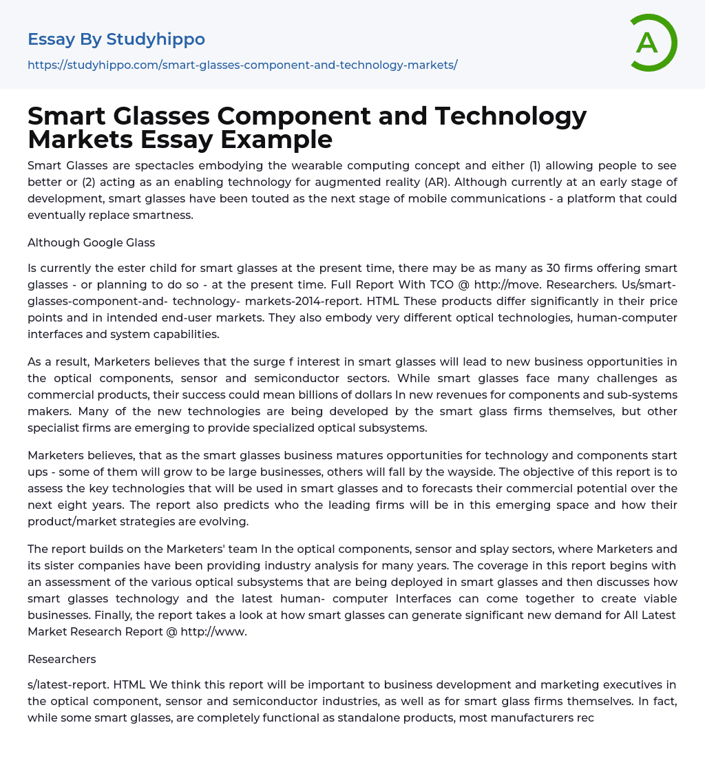 Smart Glasses Component and Technology Markets Essay Example