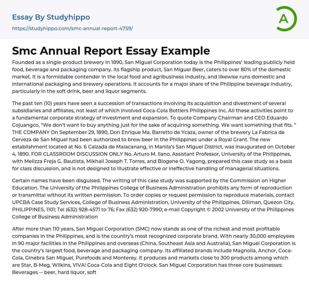 Smc Annual Report Essay Example