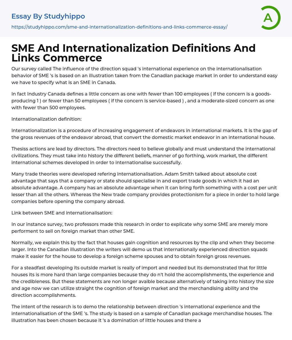 SME And Internationalization Definitions And Links Commerce Essay Example
