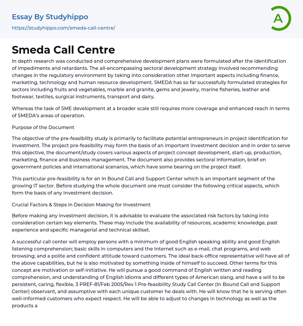 Smeda Call Centre Essay Example