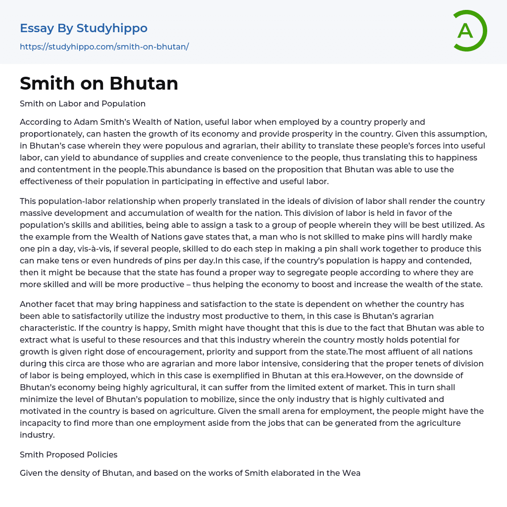 Smith on Bhutan Essay Example
