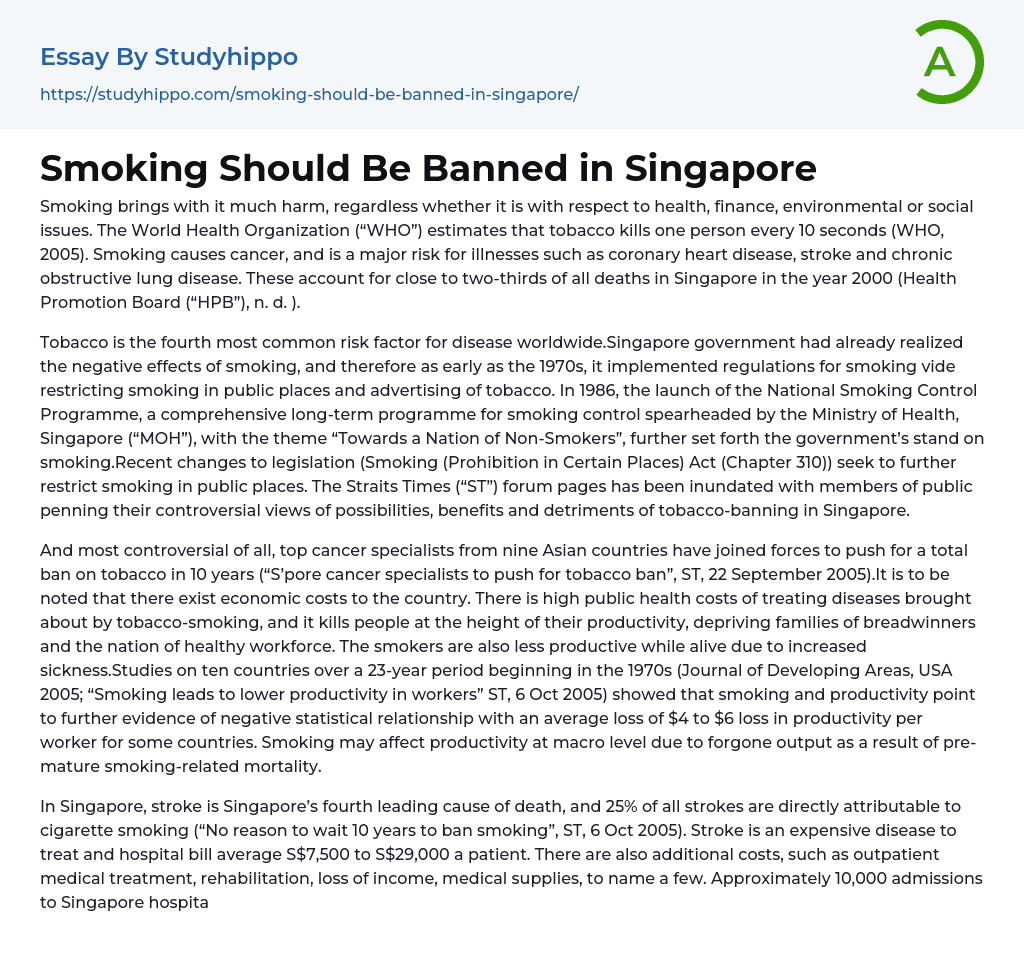 Smoking Should Be Banned in Singapore Essay Example