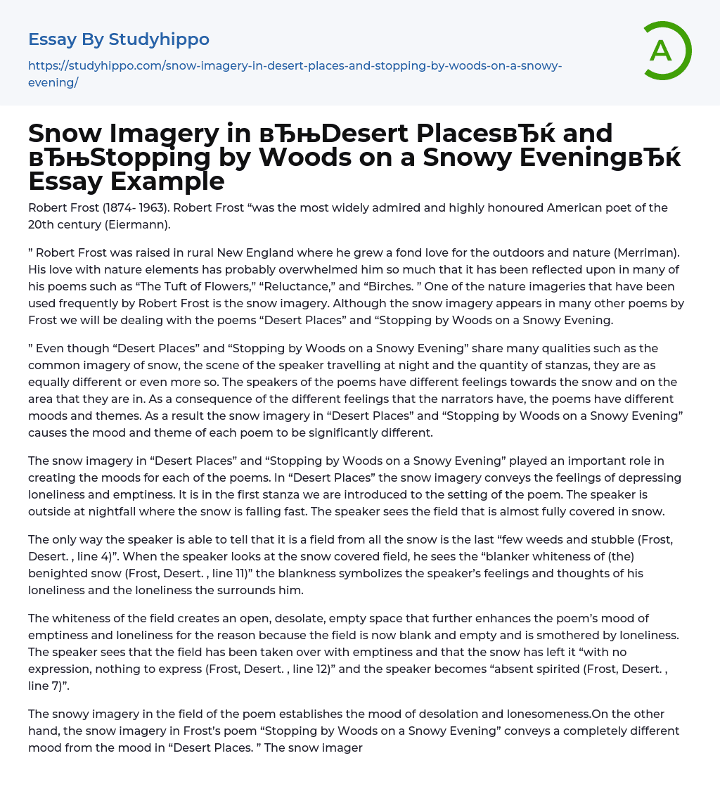 Snow Imagery in “Desert Places” and “Stopping by Woods on a Snowy Evening” Essay Example