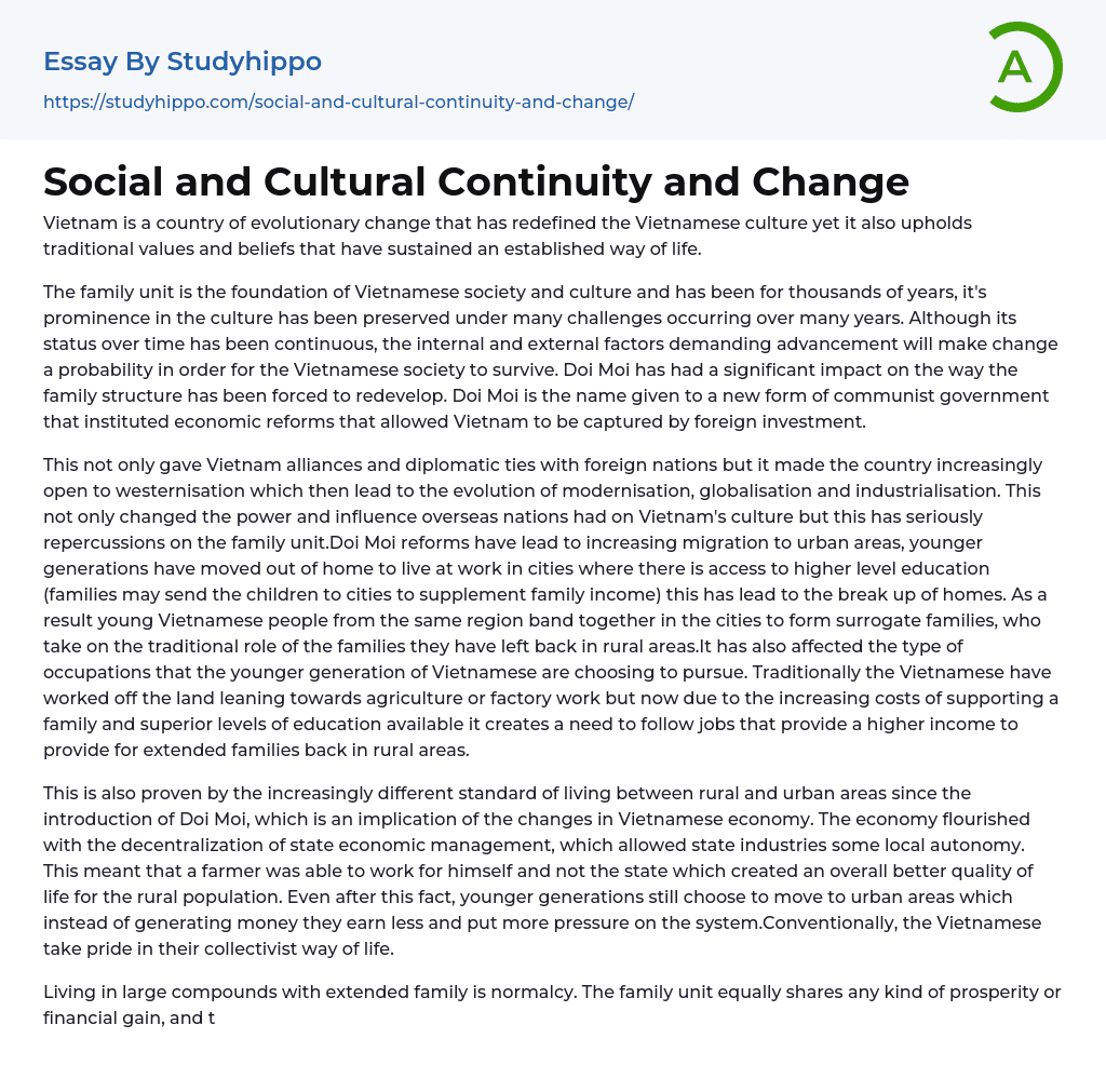 Social and Cultural Continuity and Change Essay Example