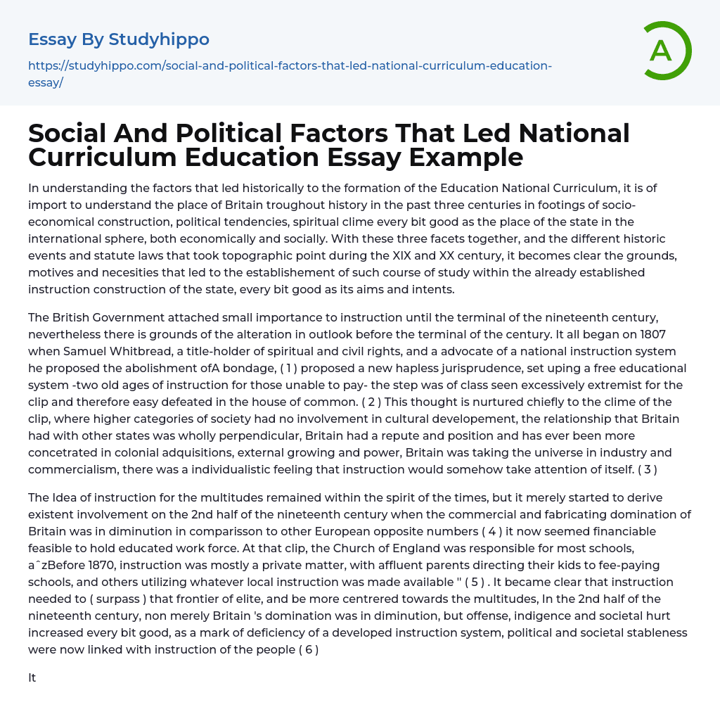 Social And Political Factors That Led National Curriculum Education Essay Example