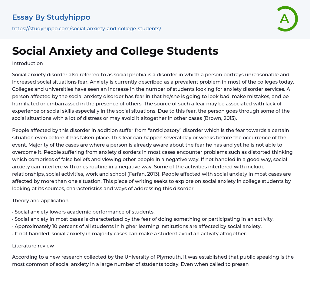 Social Anxiety and College Students Essay Example