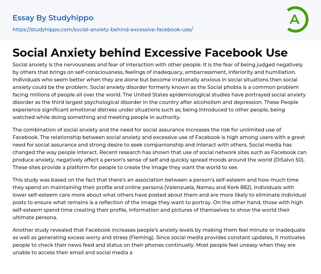 Social Anxiety behind Excessive Facebook Use Essay Example