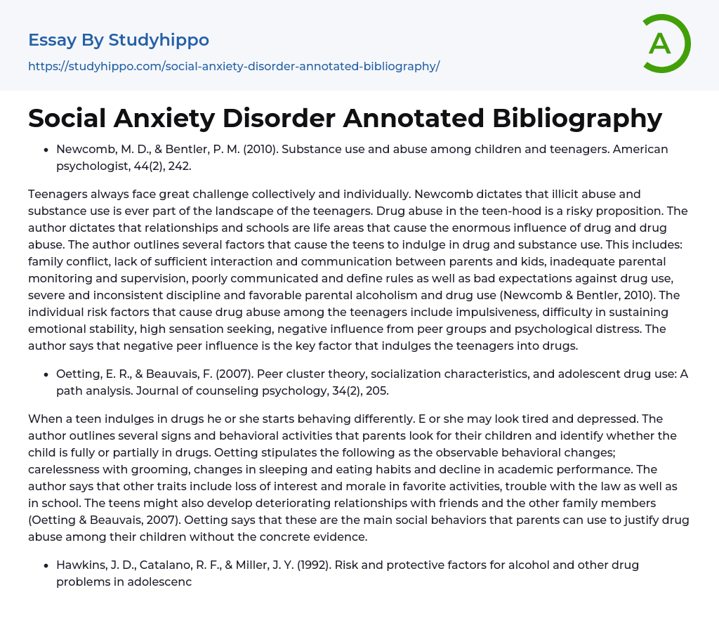 Social Anxiety Disorder Annotated Bibliography Essay Example