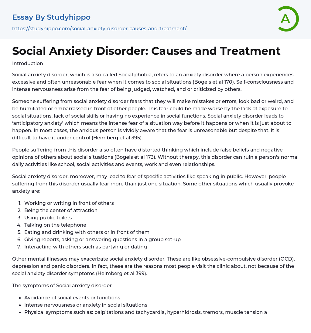Social Anxiety Disorder: Causes and Treatment Essay Example