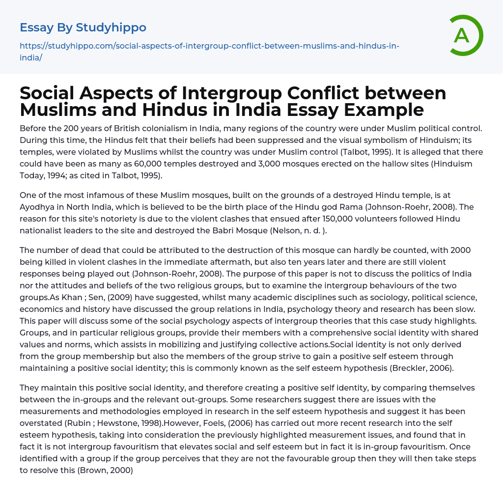 Social Aspects of Intergroup Conflict between Muslims and Hindus in India Essay Example
