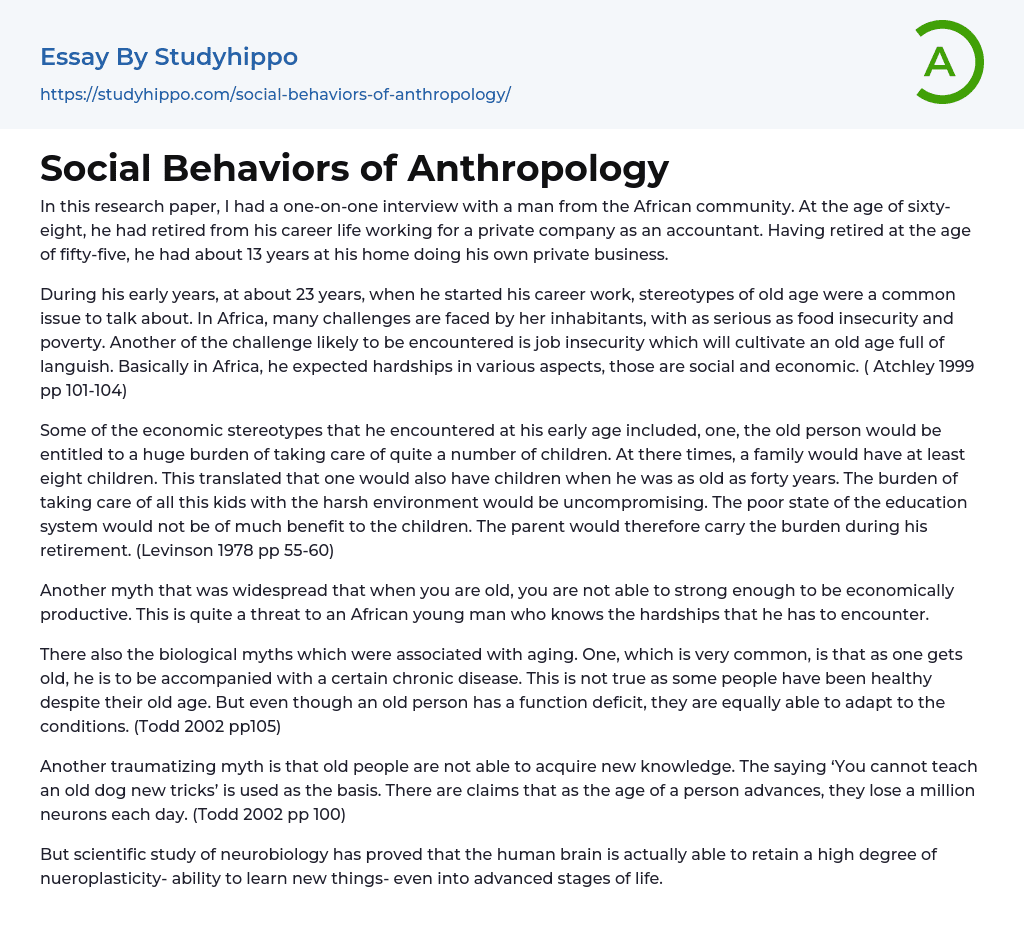 Social Behaviors of Anthropology Essay Example