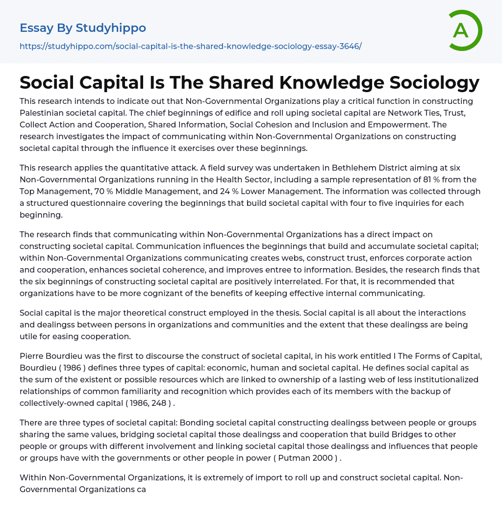 Social Capital Is The Shared Knowledge Sociology Essay Example