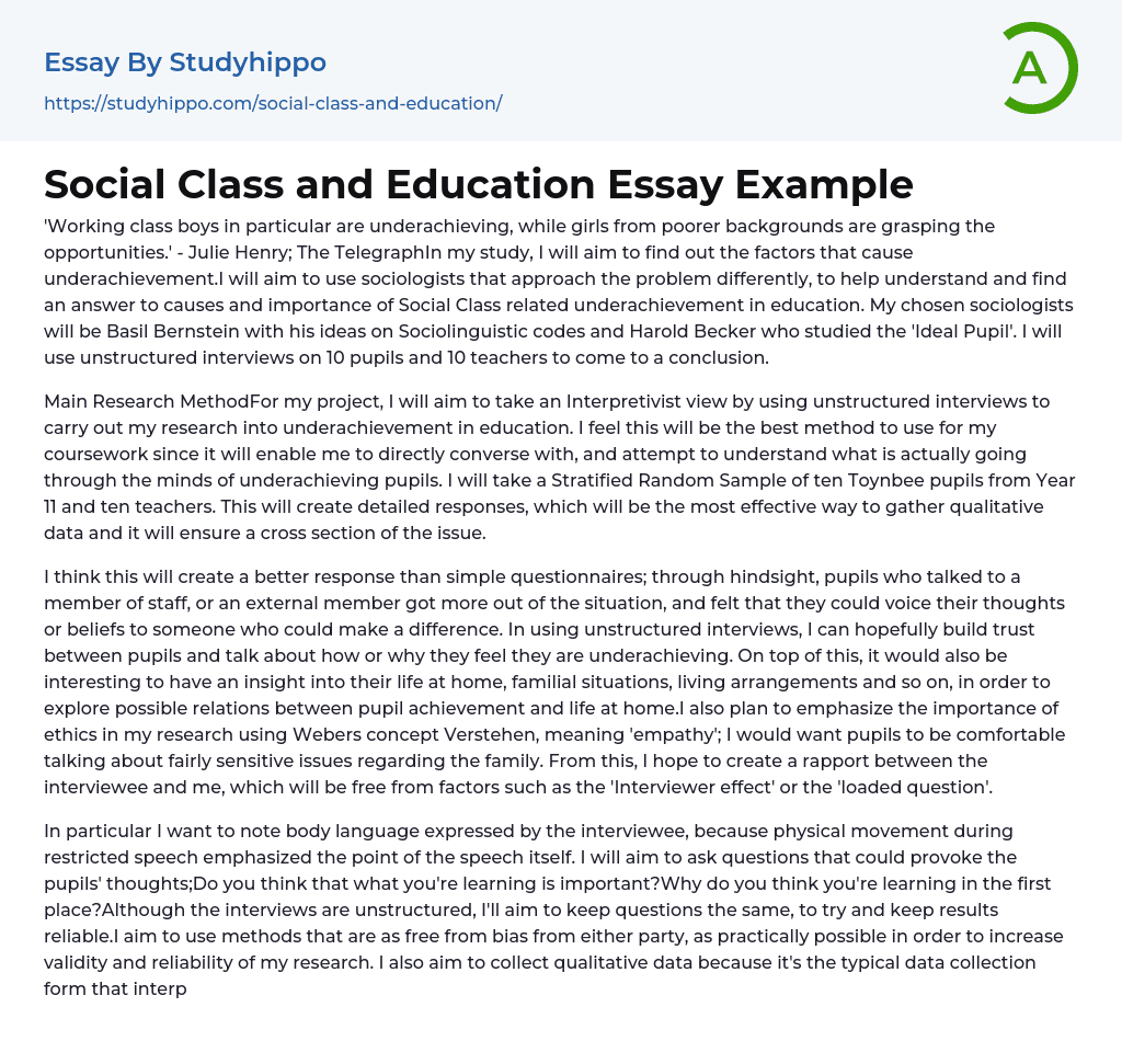 Social Class and Education Essay Example