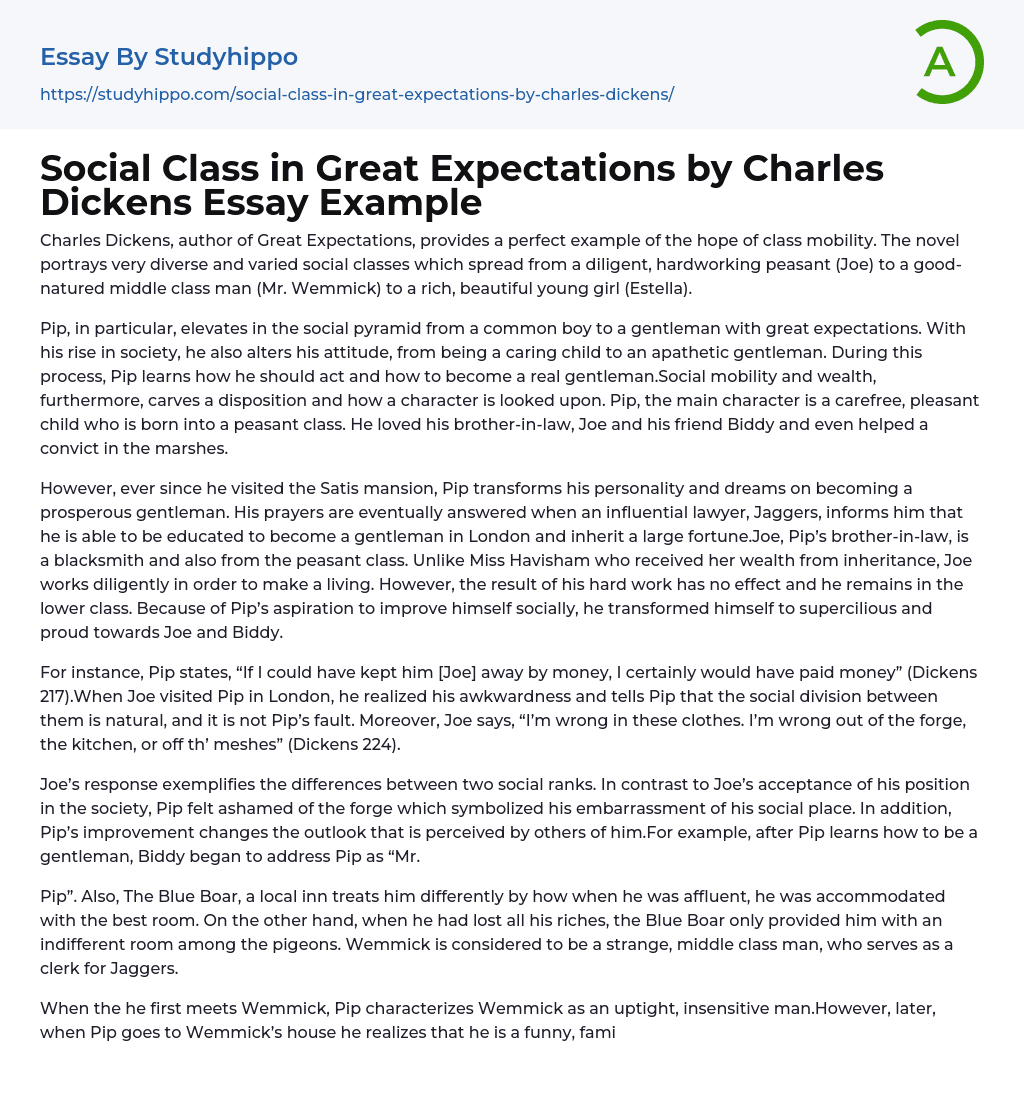 Social Class in Great Expectations by Charles Dickens Essay Example