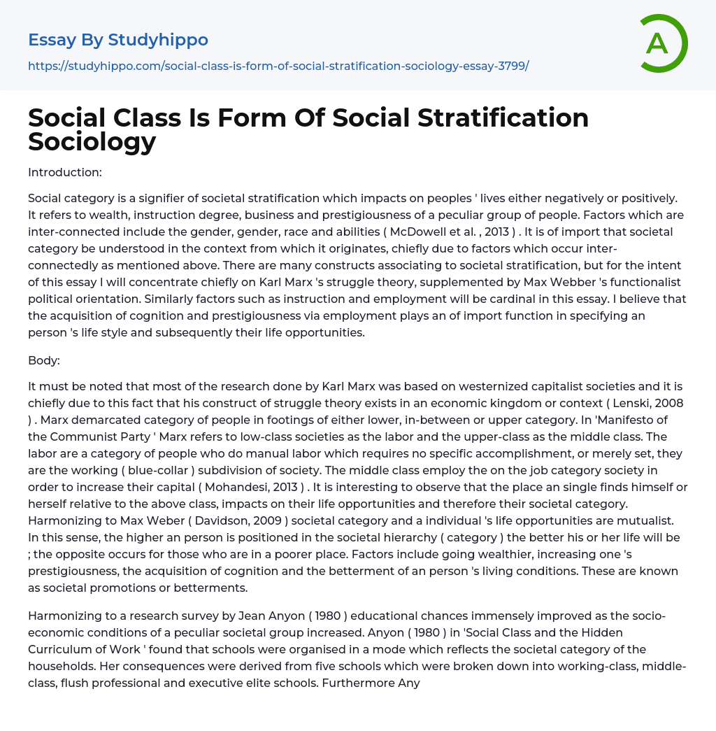 Social Class Is Form Of Social Stratification Sociology Essay Example