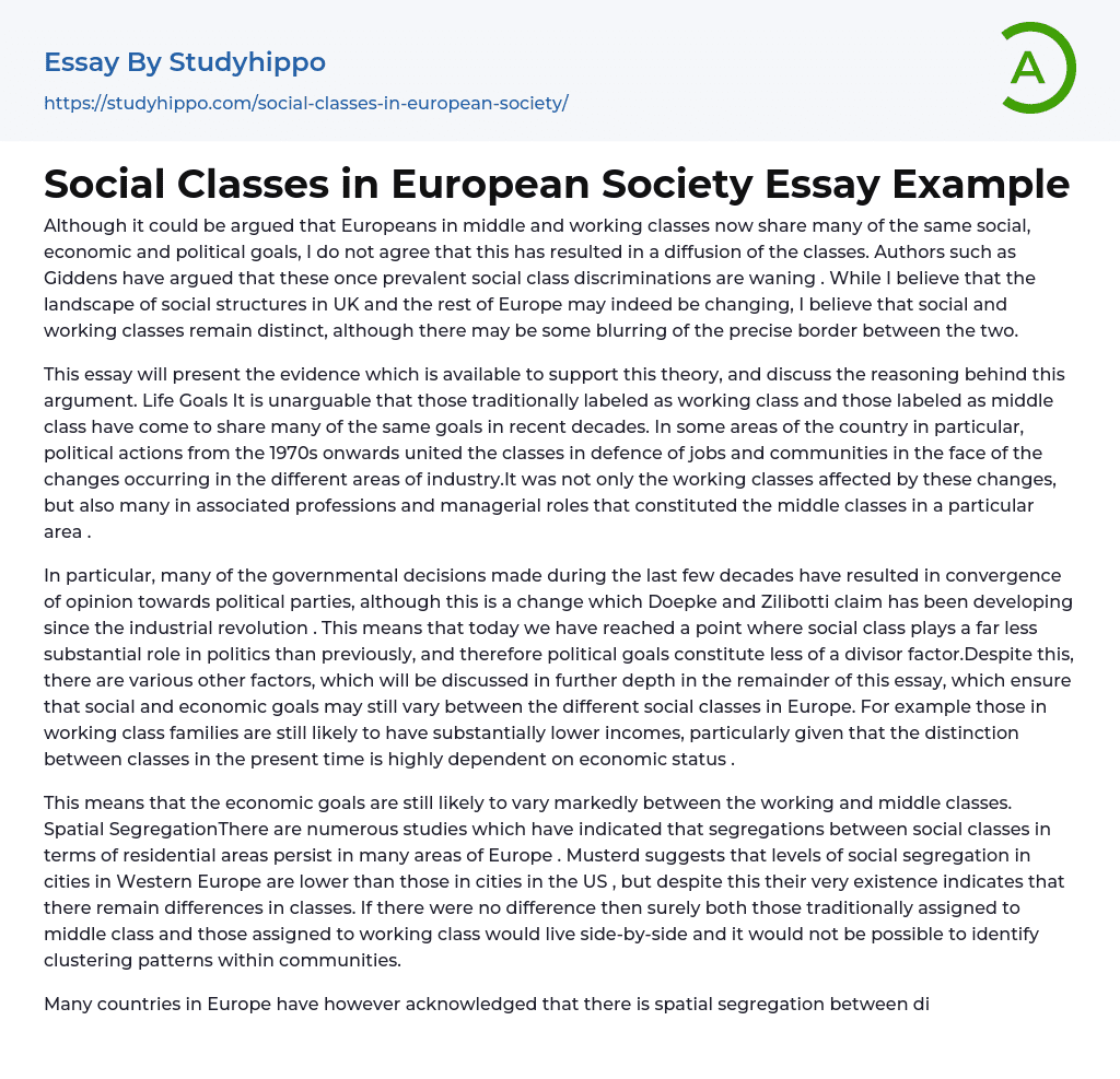 Social Classes in European Society Essay Example