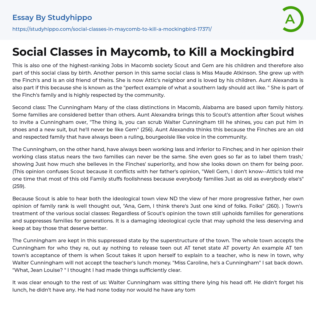 Social Classes in Maycomb, to Kill a Mockingbird Essay Example