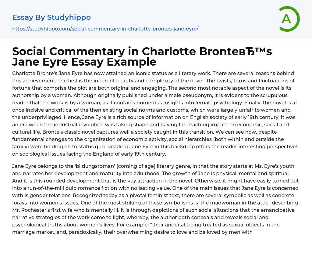 Social Commentary in Charlotte Bronte’s Jane Eyre Essay Example