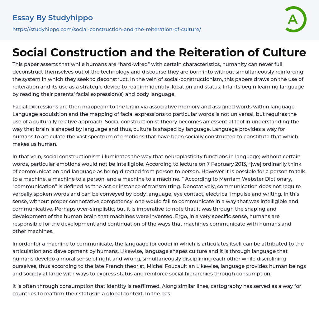 Social Construction and the Reiteration of Culture Essay Example