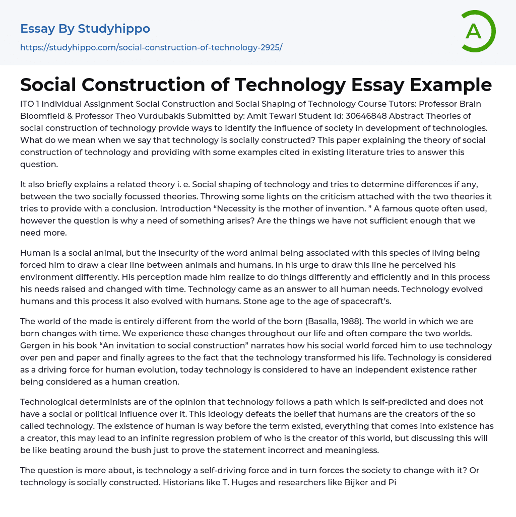 Social Construction of Technology Essay Example