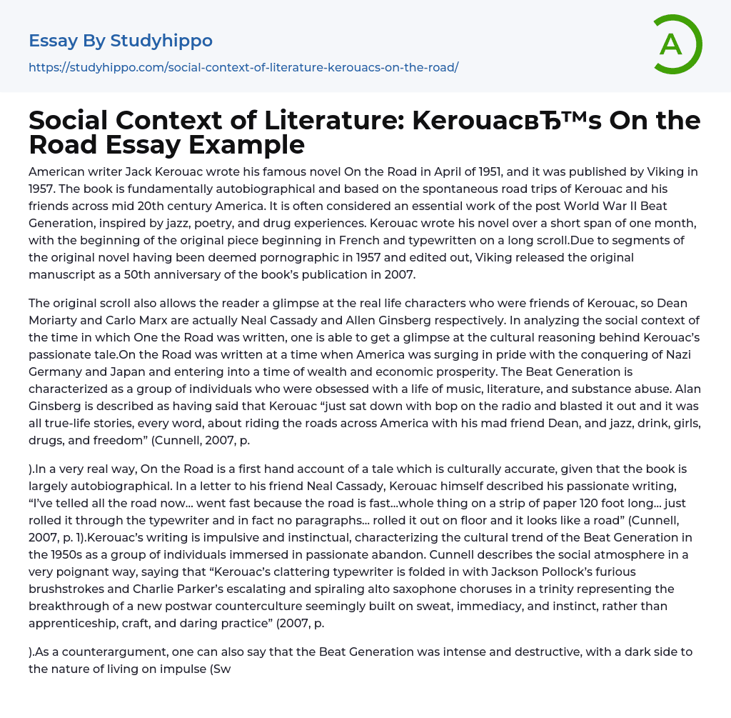 Social Context of Literature: Kerouac’s On the Road Essay Example