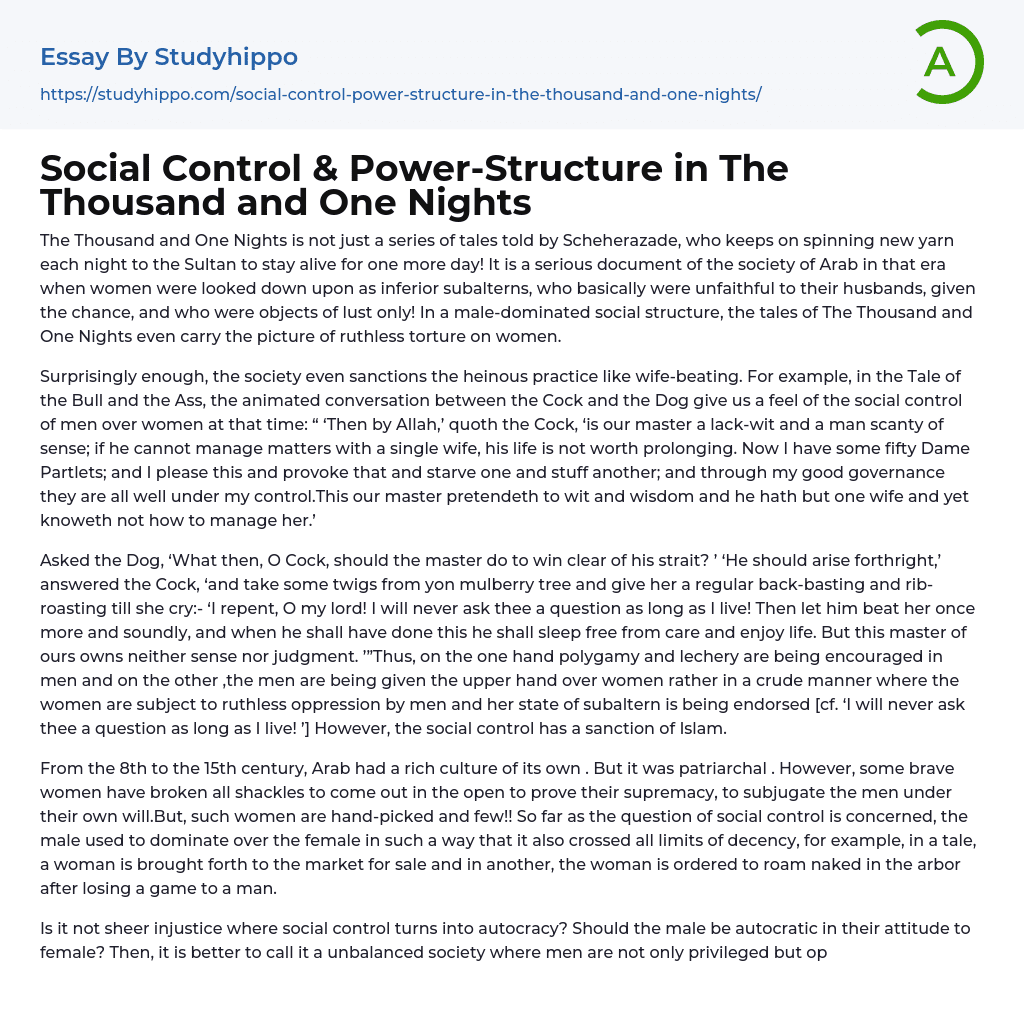 Social Control & Power-Structure in The Thousand and One Nights Essay Example