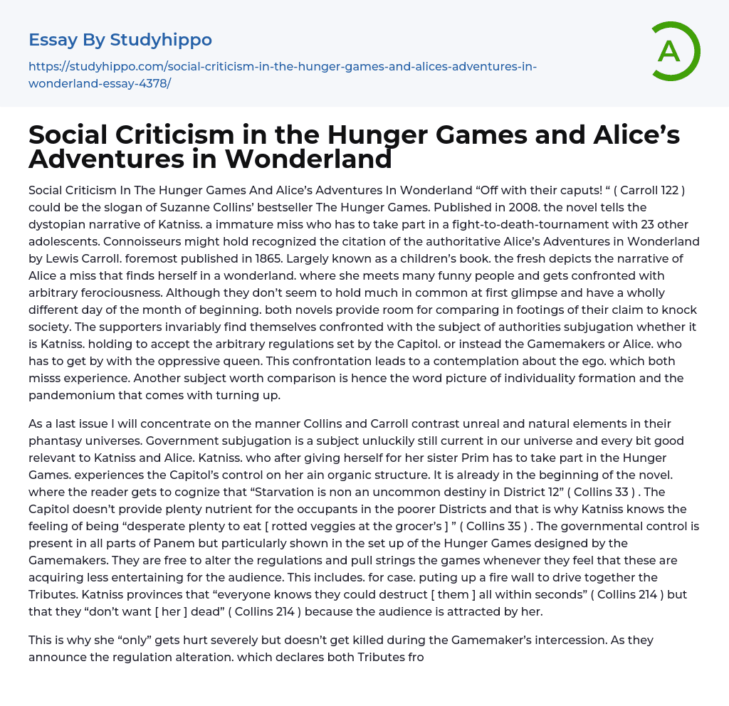 Social Criticism in the Hunger Games and Alice’s Adventures in Wonderland Essay Example