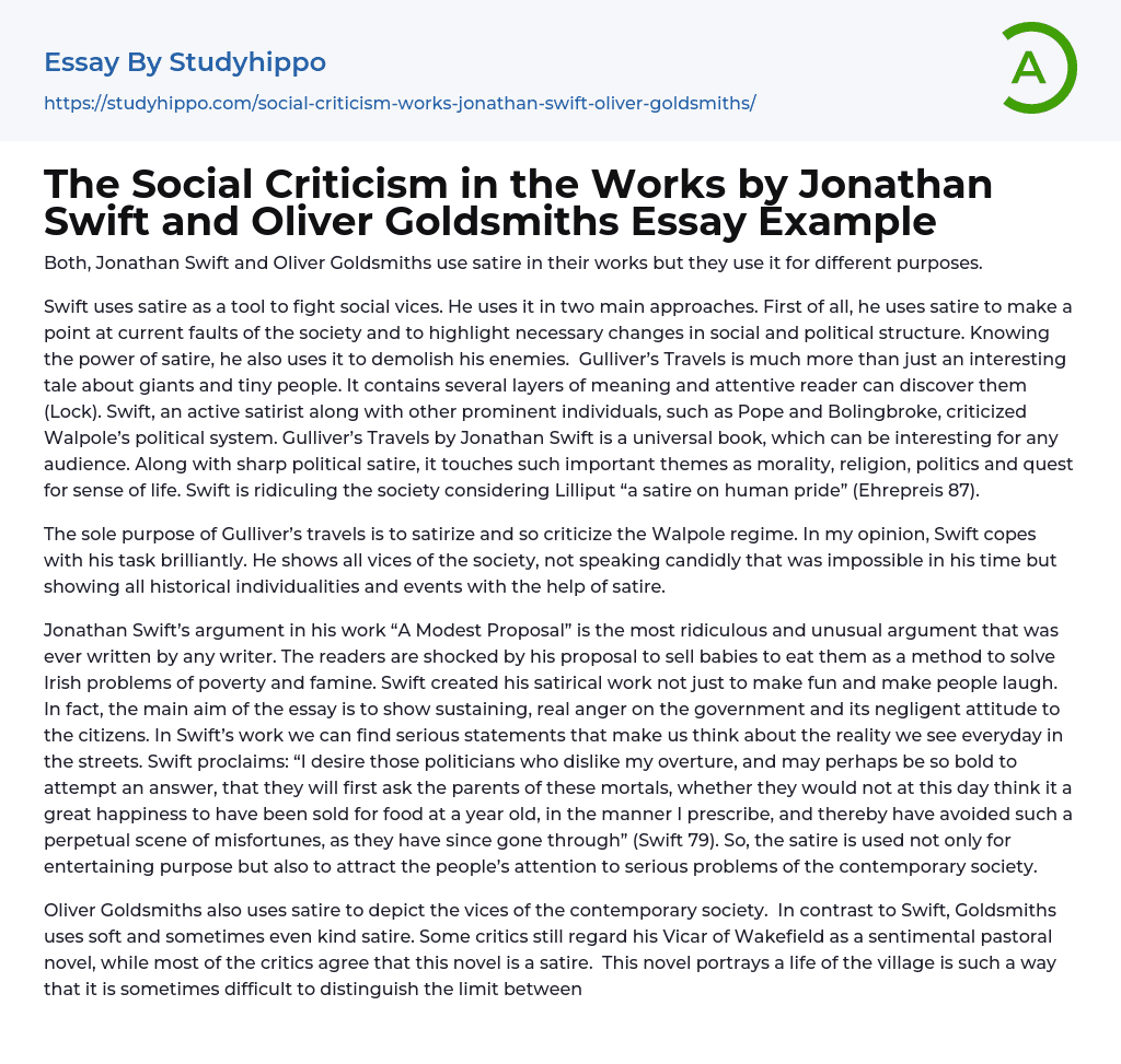 The Social Criticism in the Works by Jonathan Swift and Oliver Goldsmiths Essay Example