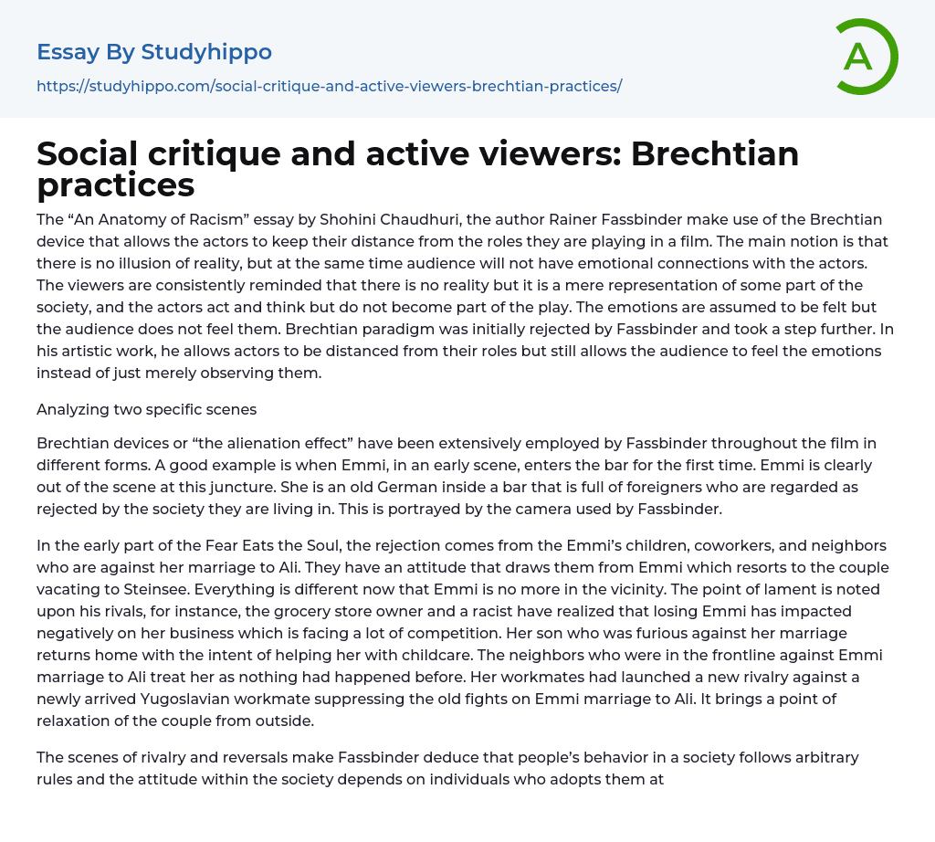 Social critique and active viewers: Brechtian practices Essay Example