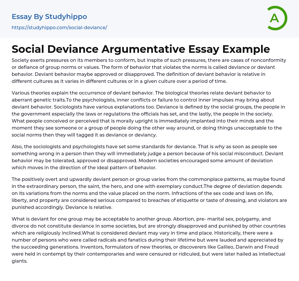 Social Deviance Argumentative Essay Example