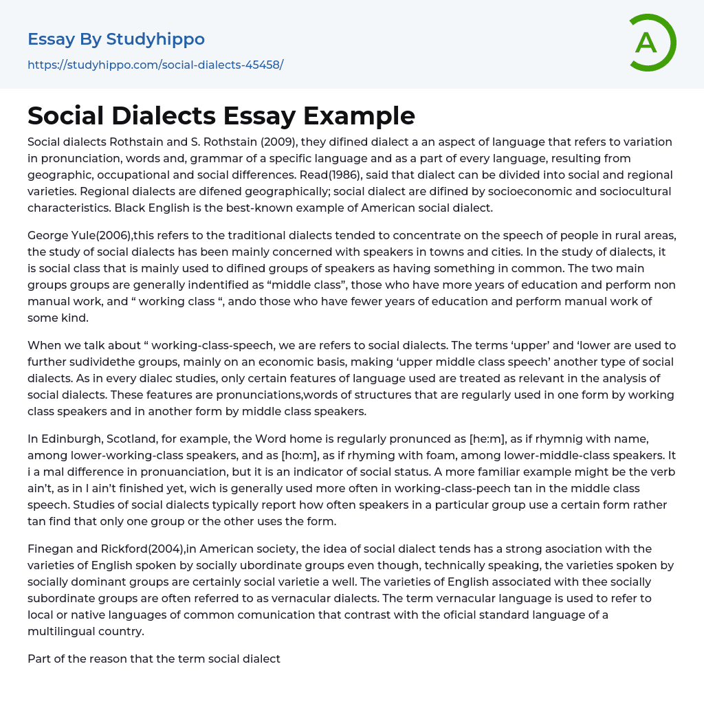 Social Dialects Essay Example
