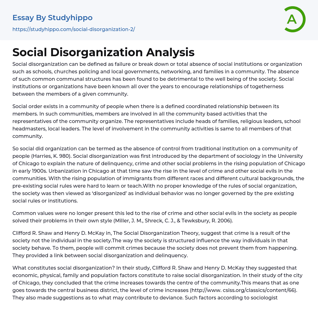 Social Disorganization Analysis Essay Example